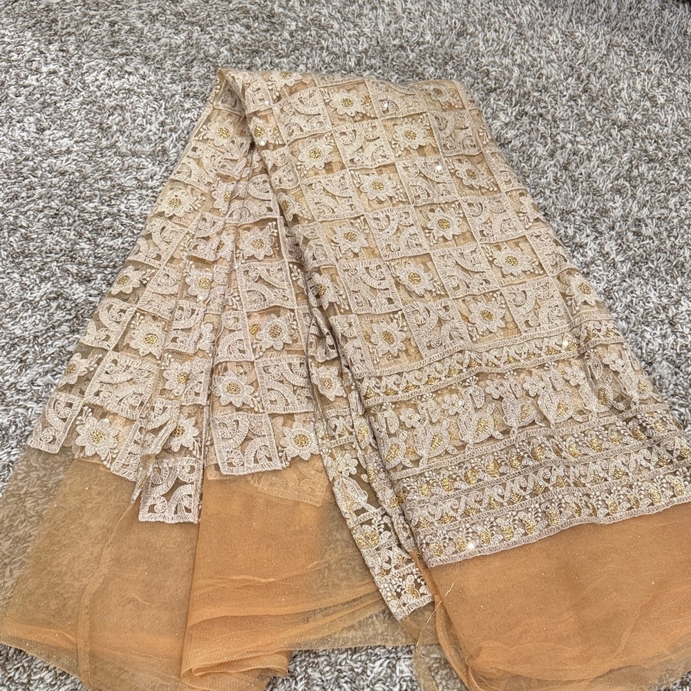 Elegant Embroidered Beige and Gold Duputta